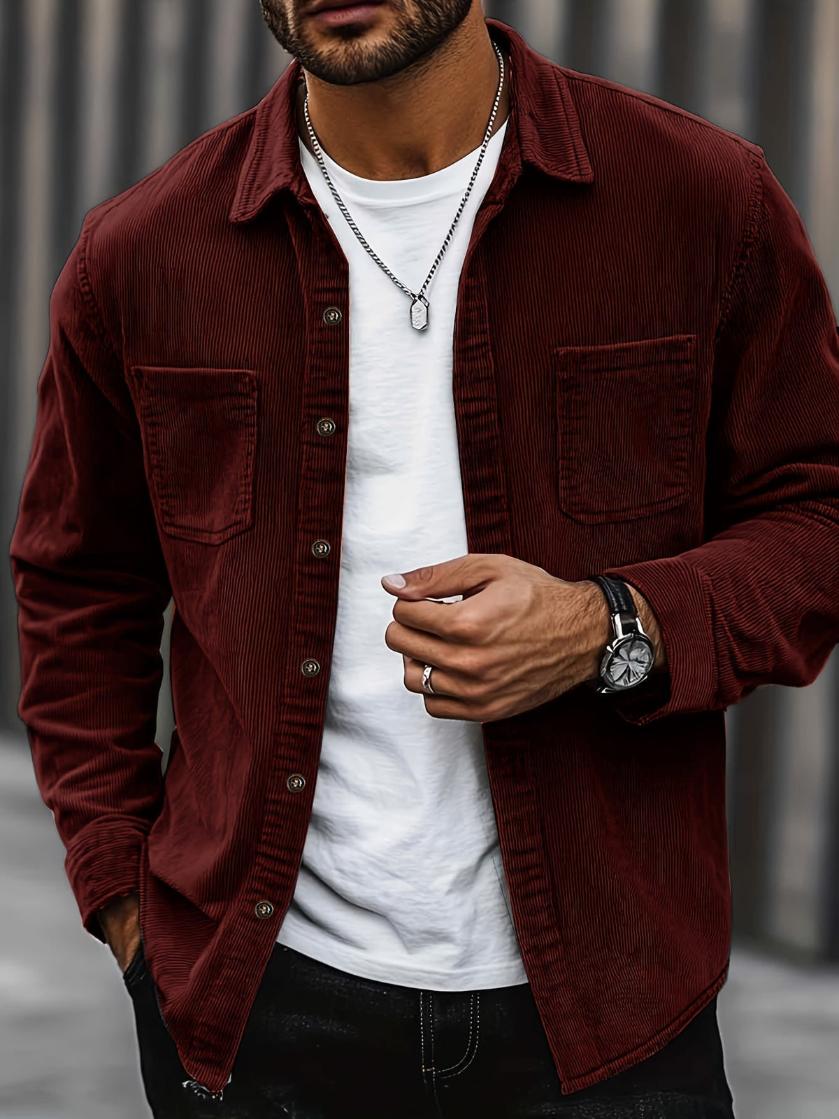 Men's Long-Sleeve Overshirt Button-Up Pocketed Casual Everyday Style