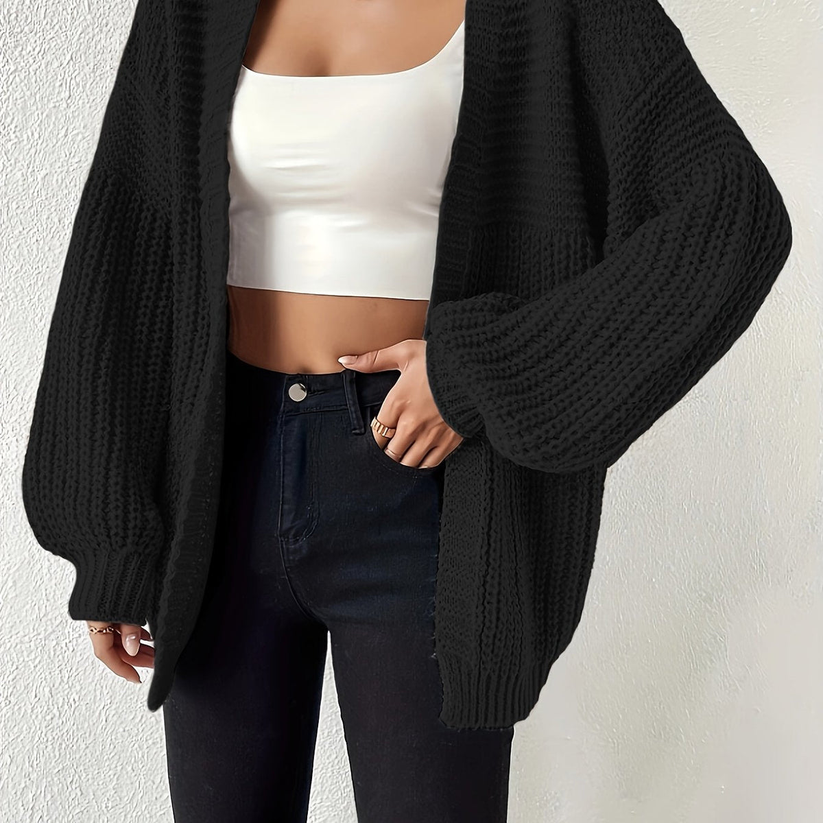Women's Oversized Knit Cardigan Open Front Balloon Sleeve Relaxed Style