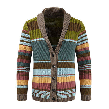 Men's Striped Button-Up Cardigan Long Sleeve Collared Front Closure Casual Wear