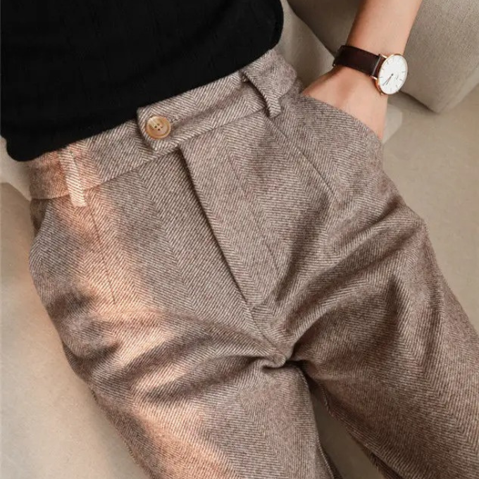 Men's Tailored Herringbone Pants Slim Fit Classic Style Formal Wear