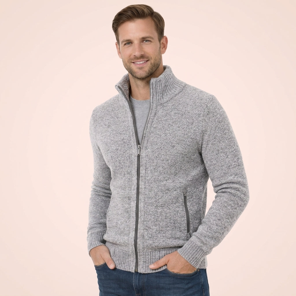 Men's Zip-Up Sweater Relaxed Fit Long Sleeve High Collar Casual Layering