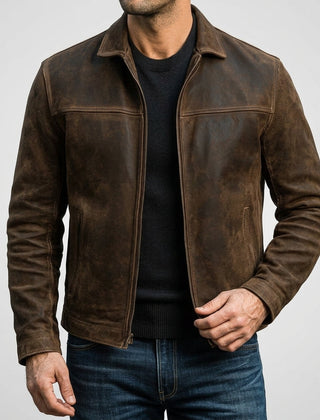 Men's Classic Biker Jacket Slim Fit Zip Front Notched Collar Casual