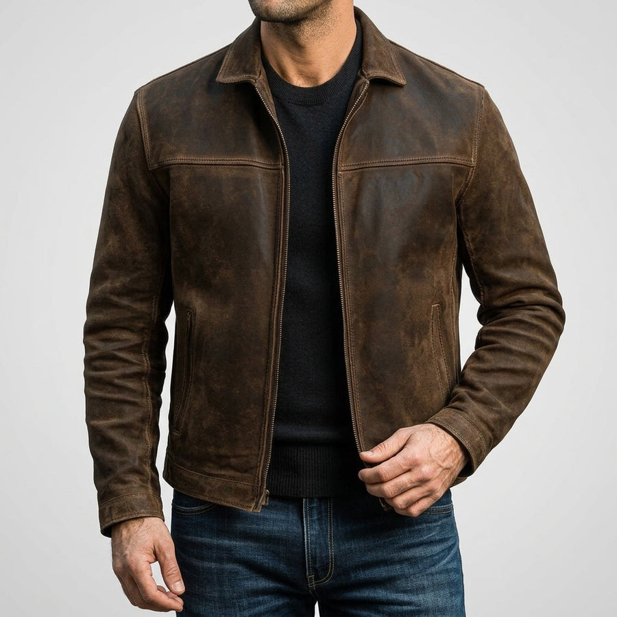 Men's Classic Biker Jacket Slim Fit Zip Front Notched Collar Casual