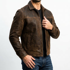 Men's Classic Biker Jacket Slim Fit Zip Front Notched Collar Casual