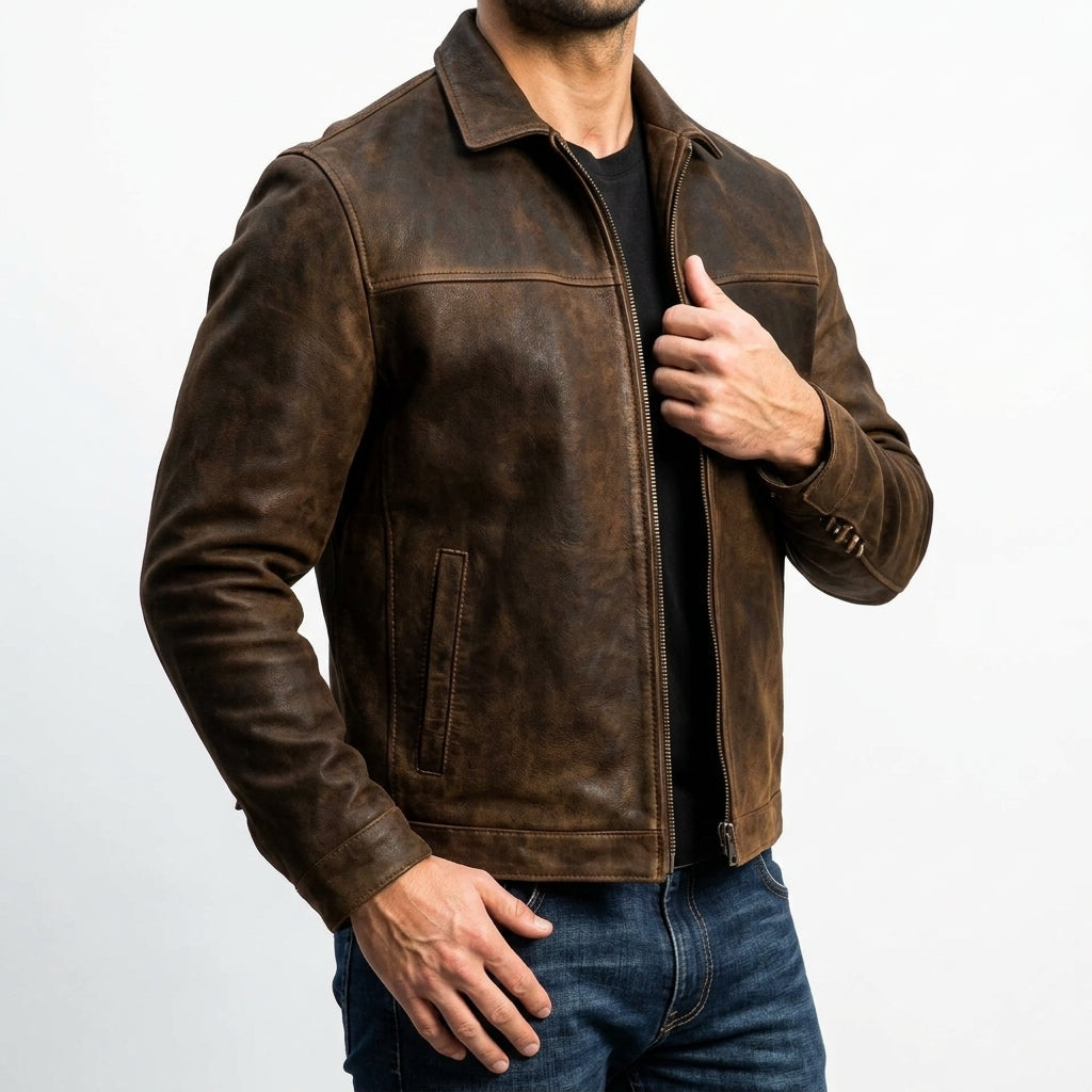 Men's Classic Biker Jacket Slim Fit Zip Front Notched Collar Casual