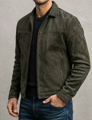 Men's Classic Biker Jacket Slim Fit Zip Front Notched Collar Casual