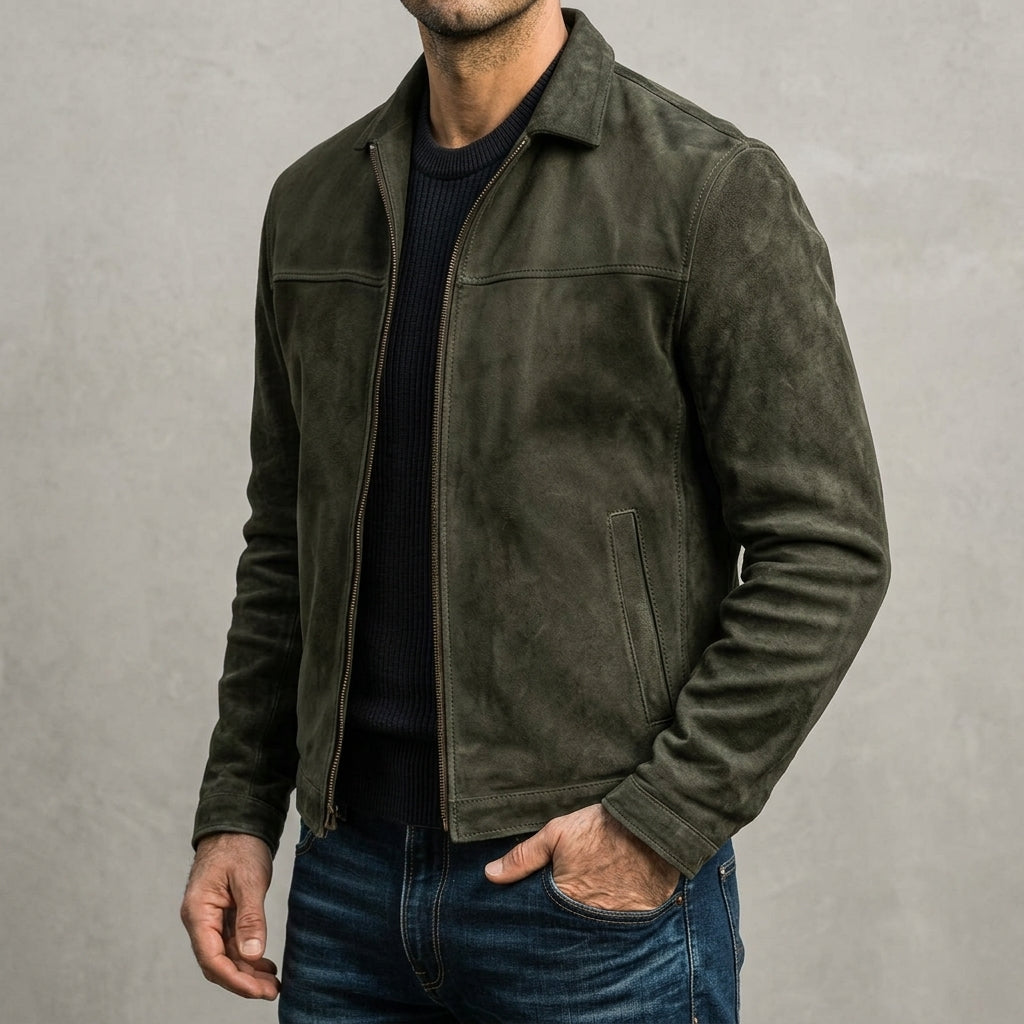 Men's Classic Biker Jacket Slim Fit Zip Front Notched Collar Casual