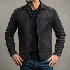 Men's Classic Biker Jacket Slim Fit Zip Front Notched Collar Casual