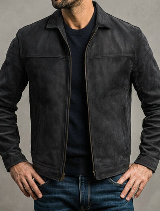 Men's Classic Biker Jacket Slim Fit Zip Front Notched Collar Casual