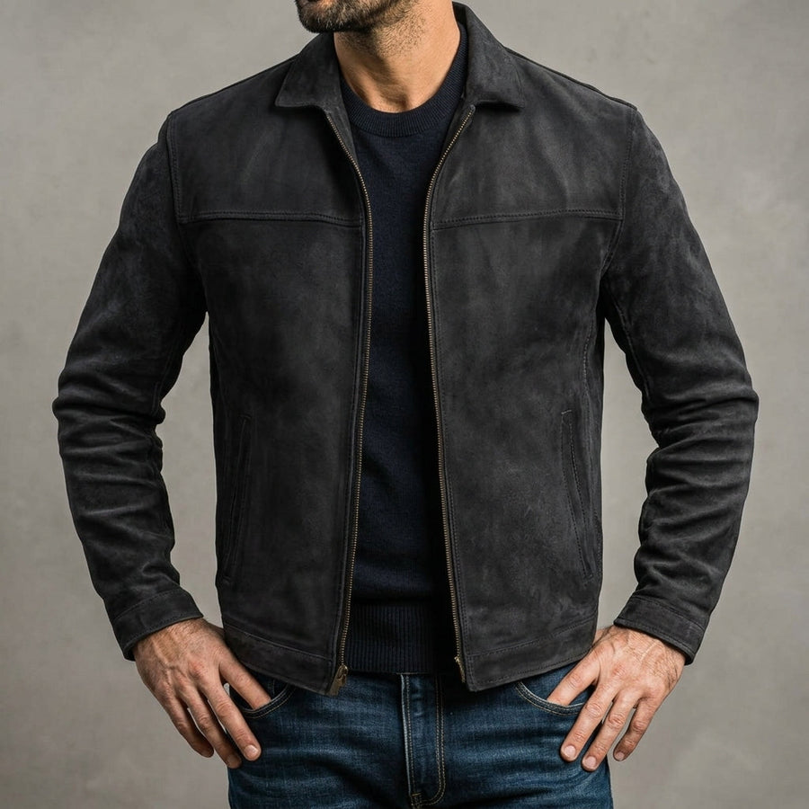 Men's Classic Biker Jacket Slim Fit Zip Front Notched Collar Casual