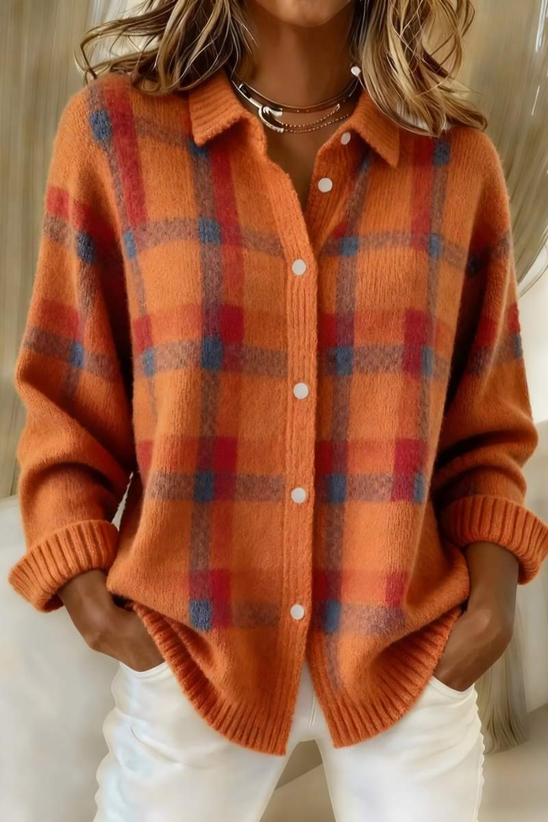 Women's Oversized Plaid Cardigan Long Sleeve Button Front Collared Knit Style