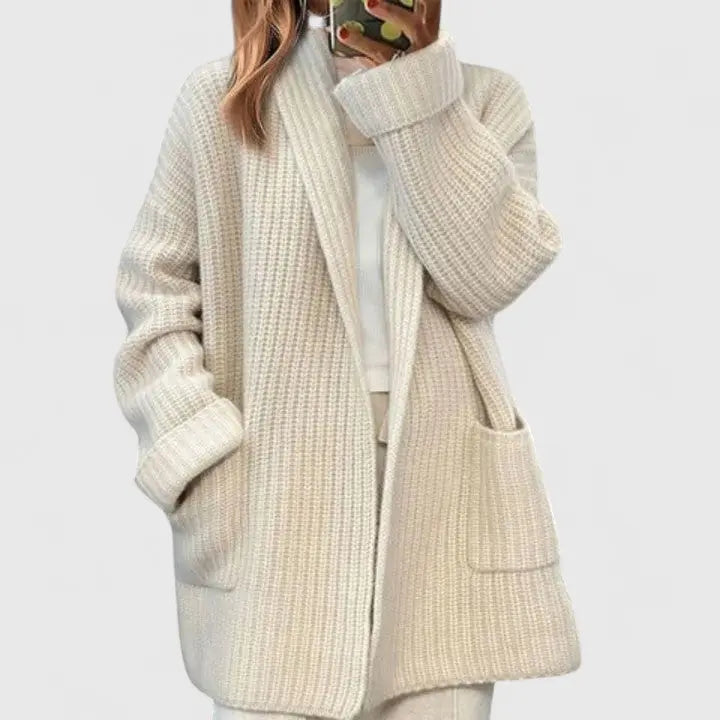 Women's Oversized Waffle Knit Cardigan Notched Collar Long Sleeve Longline Style