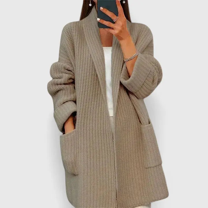 Women's Oversized Waffle Knit Cardigan Notched Collar Long Sleeve Longline Style