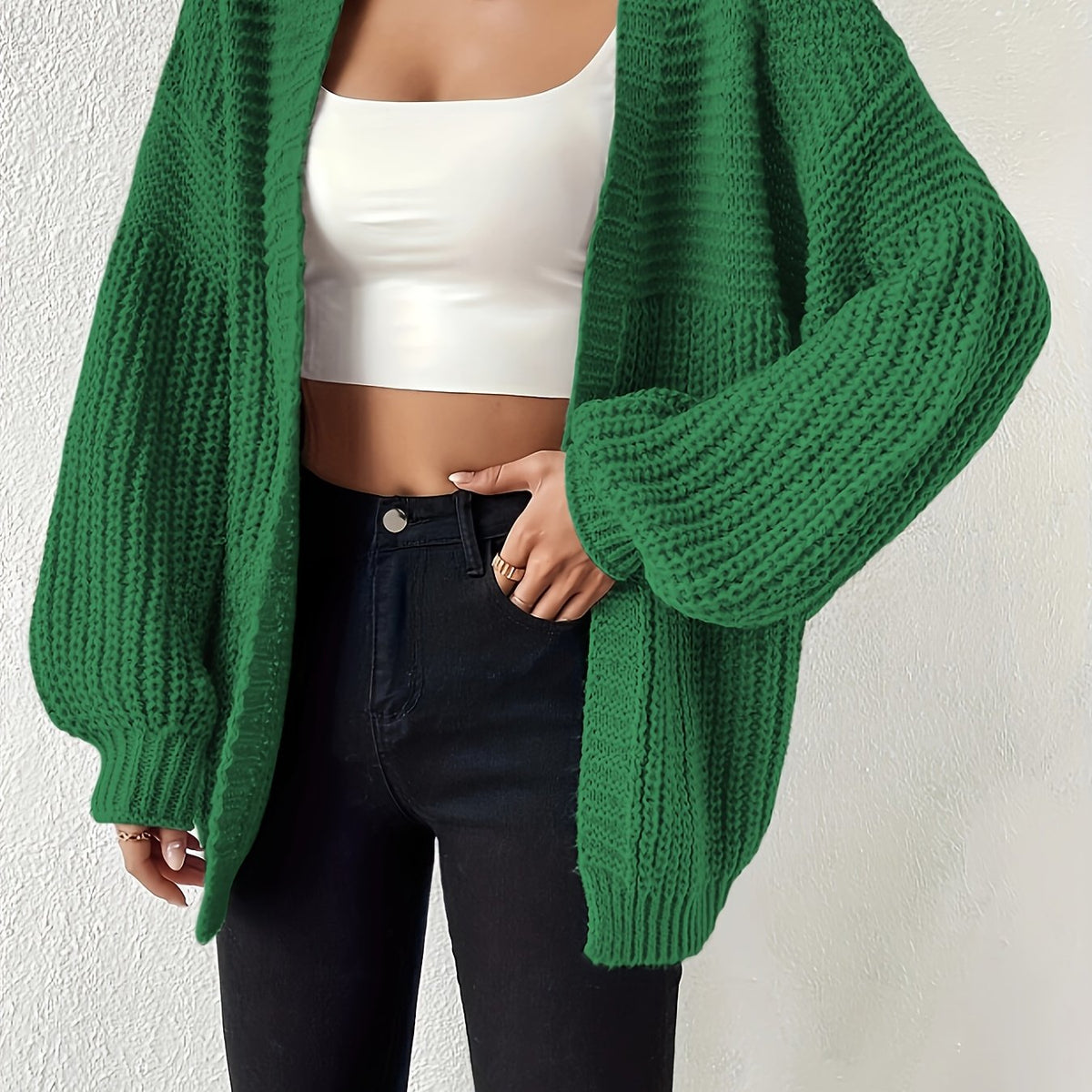 Women's Oversized Knit Cardigan Open Front Balloon Sleeve Relaxed Style