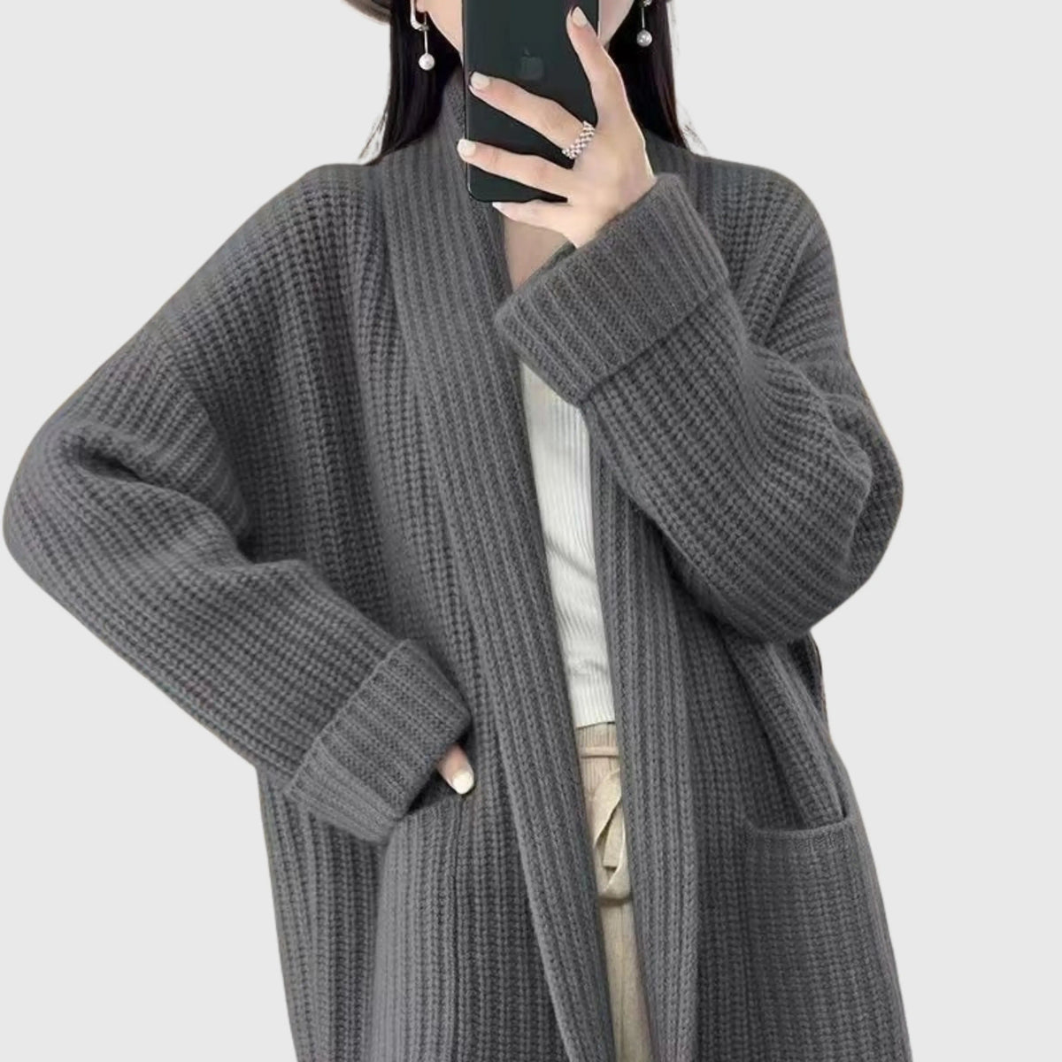 Women's Oversized Waffle Knit Cardigan Notched Collar Long Sleeve Longline Style