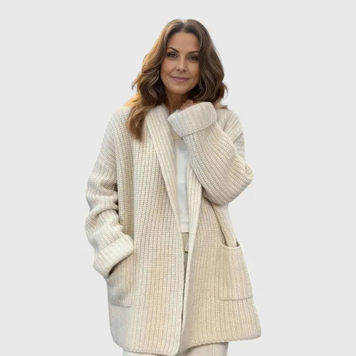 Women's Oversized Waffle Knit Cardigan Notched Collar Long Sleeve Longline Style