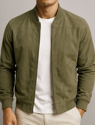 Men's Suede Bomber Jacket Relaxed Fit Zip Front Classic Casual Everyday