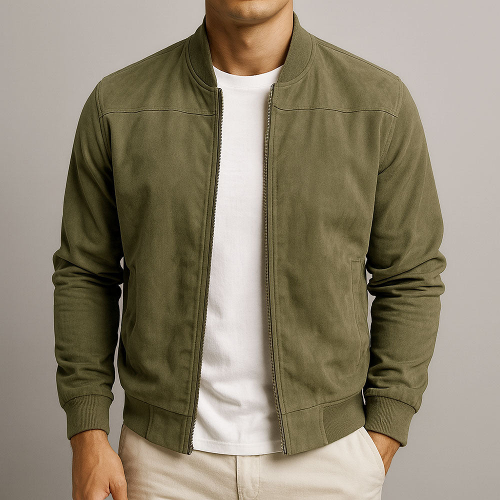 Men's Suede Bomber Jacket Relaxed Fit Zip Front Classic Casual Everyday