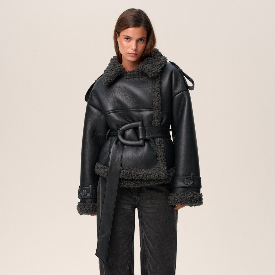 Women's Belted Shearling Coat Classic Fit Long Sleeve Notched Collar Stylish Everyday