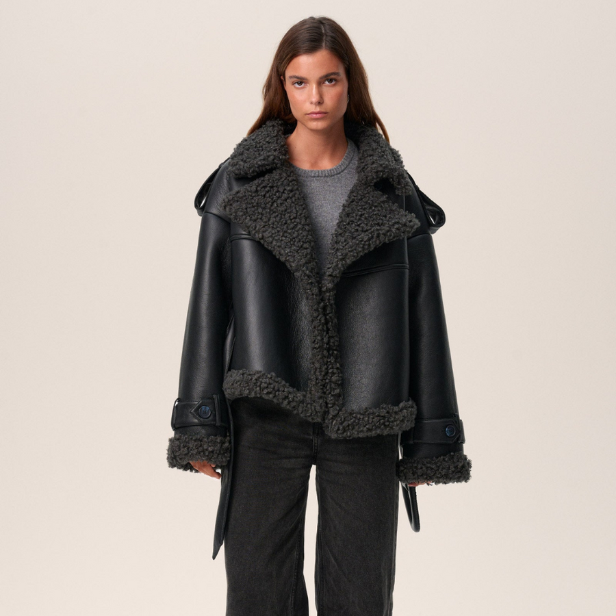 Women's Belted Shearling Coat Classic Fit Long Sleeve Notched Collar Stylish Everyday