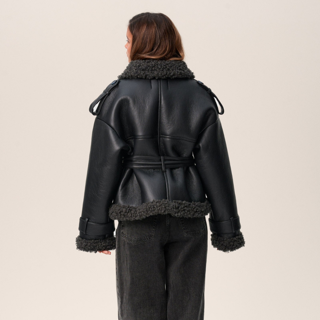 Women's Belted Shearling Coat Classic Fit Long Sleeve Notched Collar Stylish Everyday