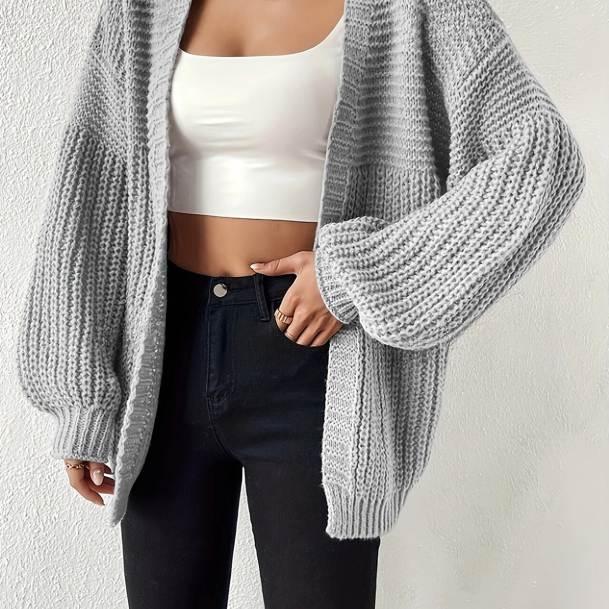 Women's Oversized Knit Cardigan Open Front Balloon Sleeve Relaxed Style