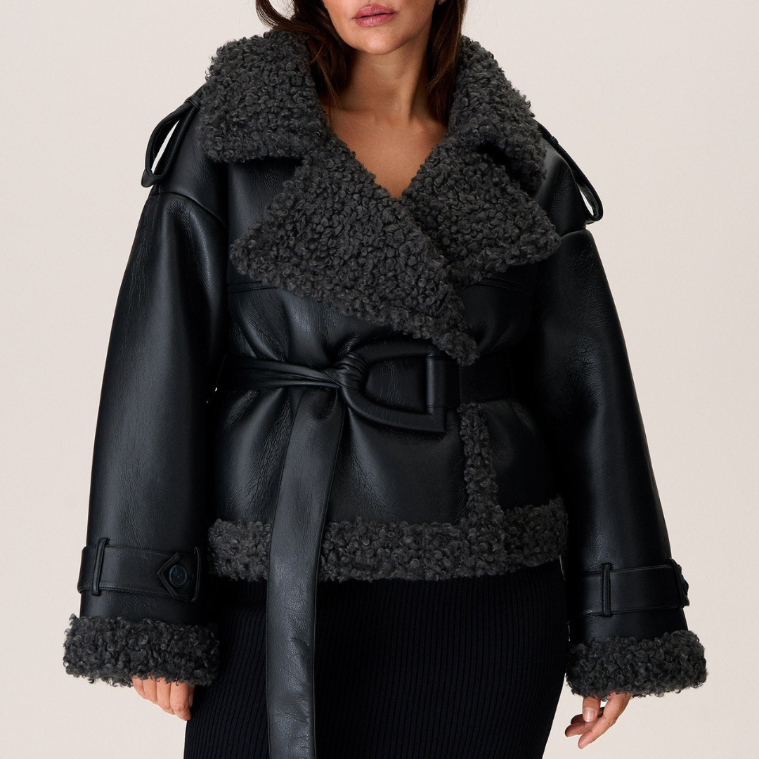 Women's Belted Shearling Coat Classic Fit Long Sleeve Notched Collar Stylish Everyday