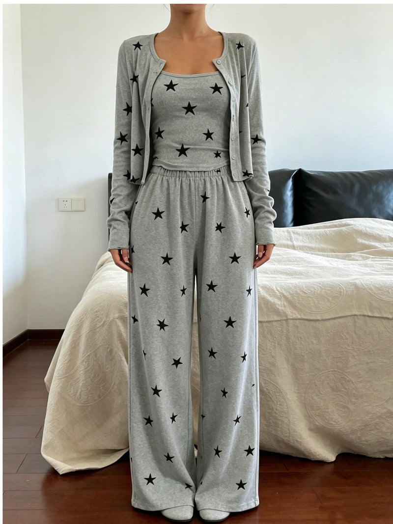 Women's Three Piece Pajama Set Long Sleeve Cardigan Round Neck Wide Leg Relaxed Style