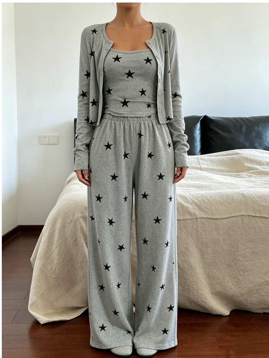 Women's Three Piece Pajama Set Long Sleeve Cardigan Round Neck Wide Leg Relaxed Style