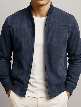 Men's Suede Bomber Jacket Relaxed Fit Zip Front Classic Casual Everyday