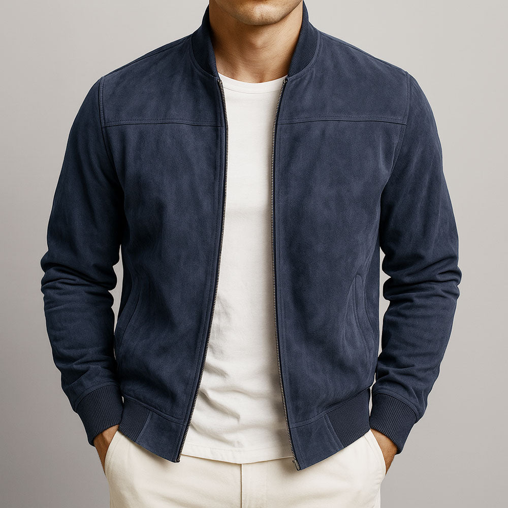 Men's Suede Bomber Jacket Relaxed Fit Zip Front Classic Casual Everyday