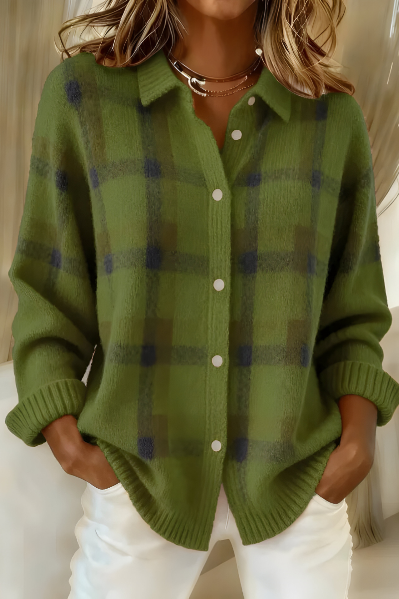 Women's Oversized Plaid Cardigan Long Sleeve Button Front Collared Knit Style