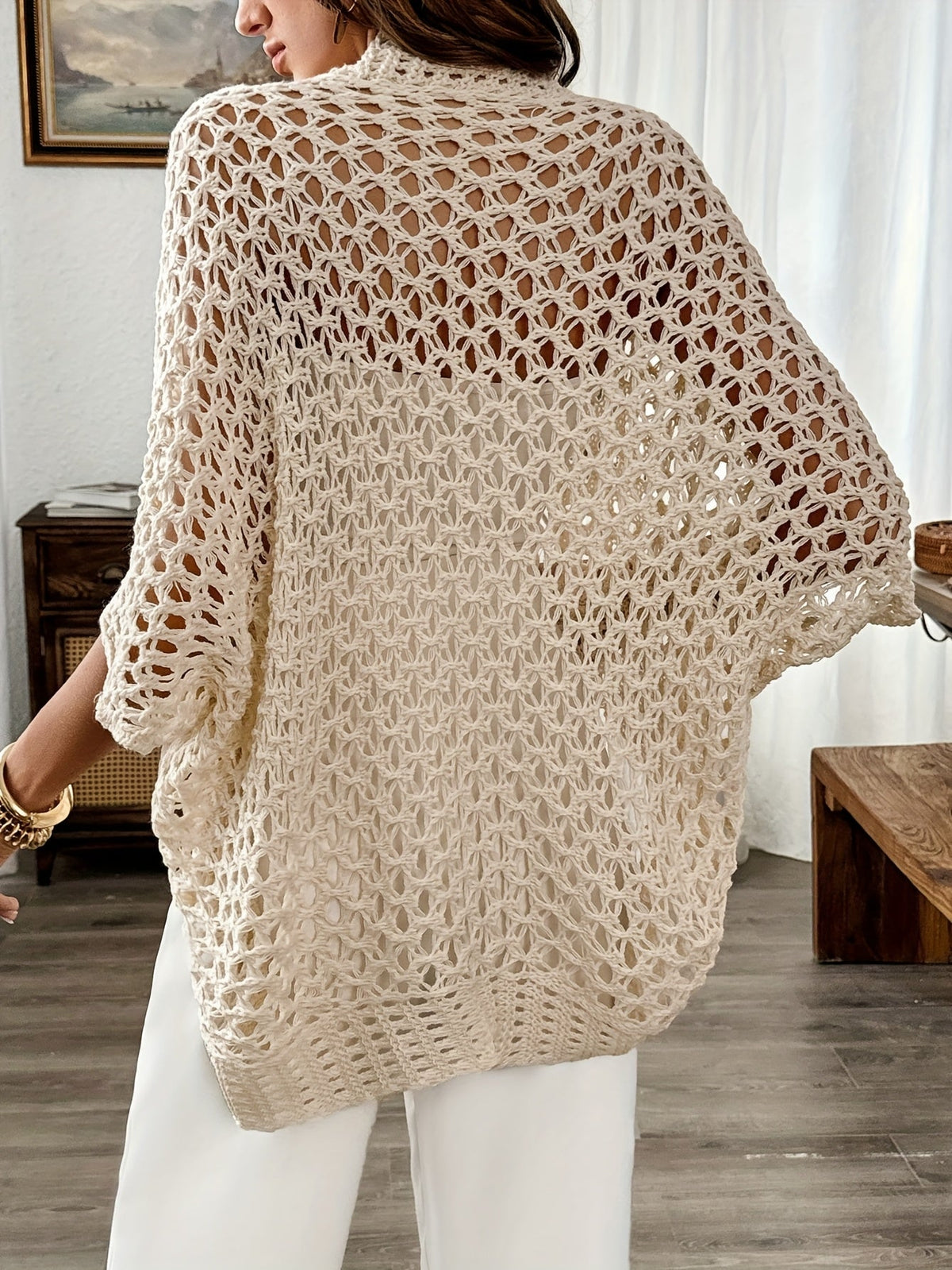 Women's Bohemian Crochet Cardigan Open Front Batwing Sleeve Waterfall Hem