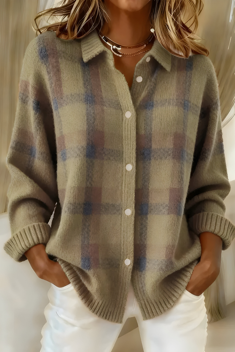 Women's Oversized Plaid Cardigan Long Sleeve Button Front Collared Knit Style