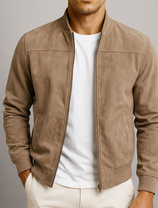 Men's Suede Bomber Jacket Relaxed Fit Zip Front Classic Casual Everyday