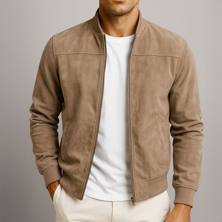 Men's Suede Bomber Jacket Relaxed Fit Zip Front Classic Casual Everyday