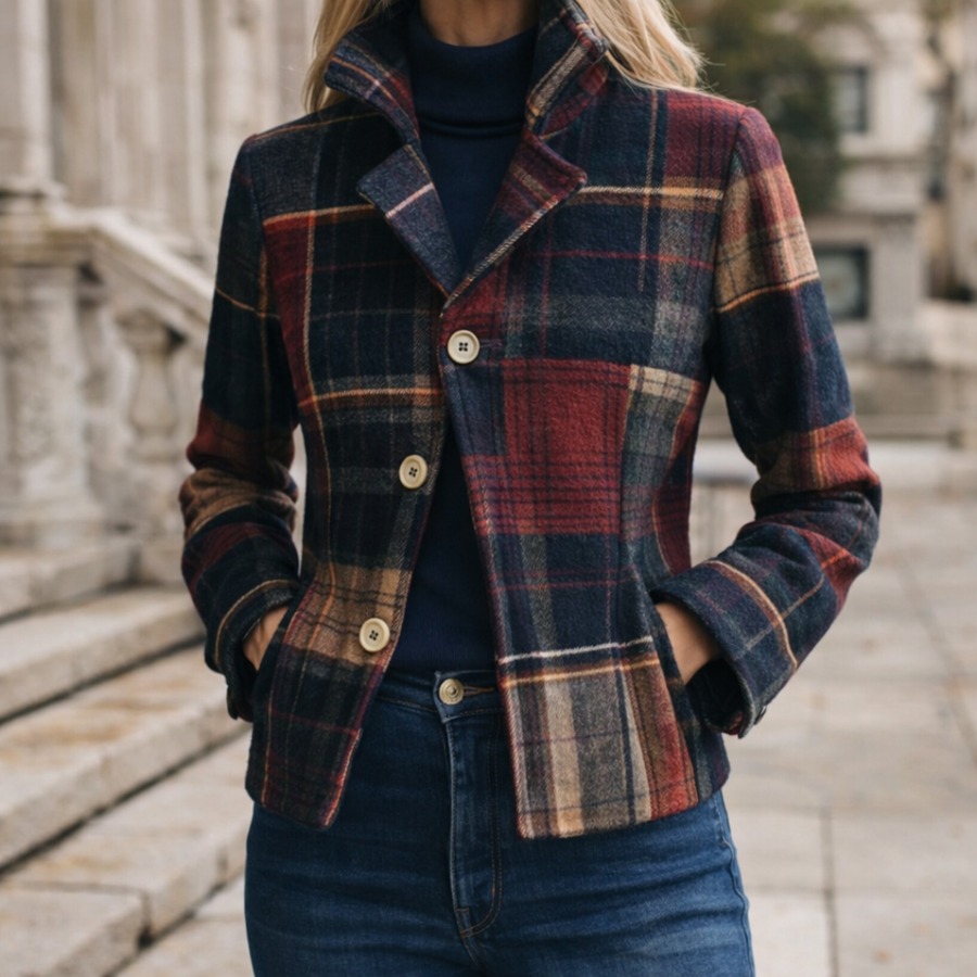Women's Mid-Season Plaid Coat Stand Collar Button Closure Stylish Layering