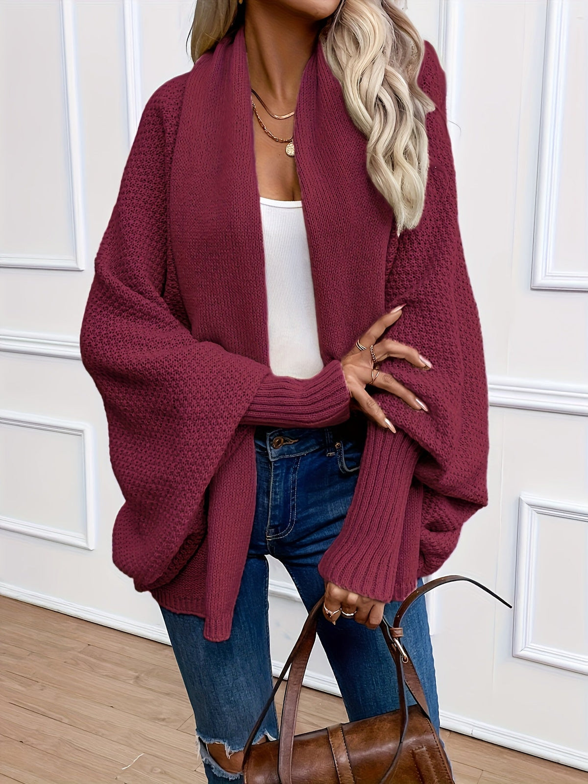 Women's Oversized Knit Cardigan Shawl Collar Dolman Sleeve Relaxed Style