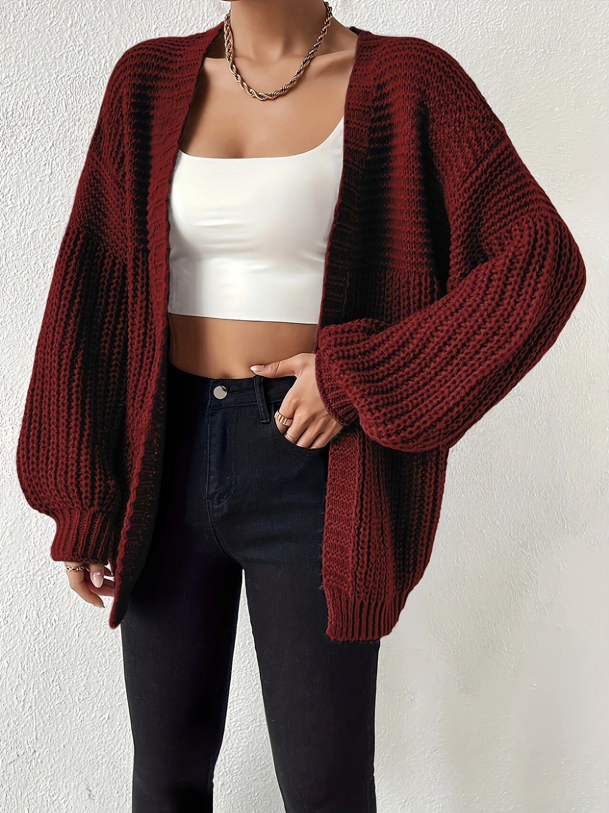 Women's Oversized Knit Cardigan Open Front Balloon Sleeve Relaxed Style