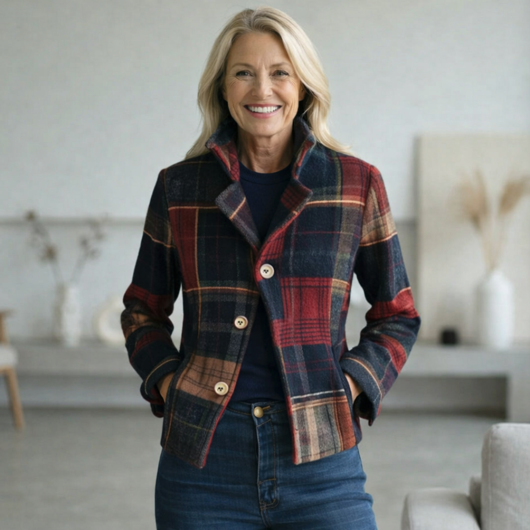 Women's Mid-Season Plaid Coat Stand Collar Button Closure Stylish Layering