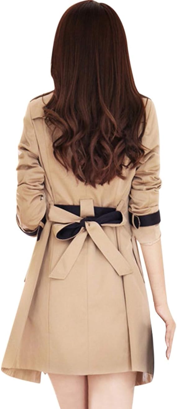 Women's Double-Breasted Trench Coat Contrast Trim Classic Stylish Outerwear