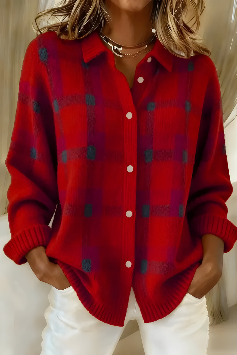 Women's Oversized Plaid Cardigan Long Sleeve Button Front Collared Knit Style