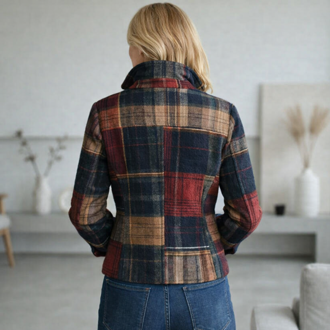 Women's Mid-Season Plaid Coat Stand Collar Button Closure Stylish Layering