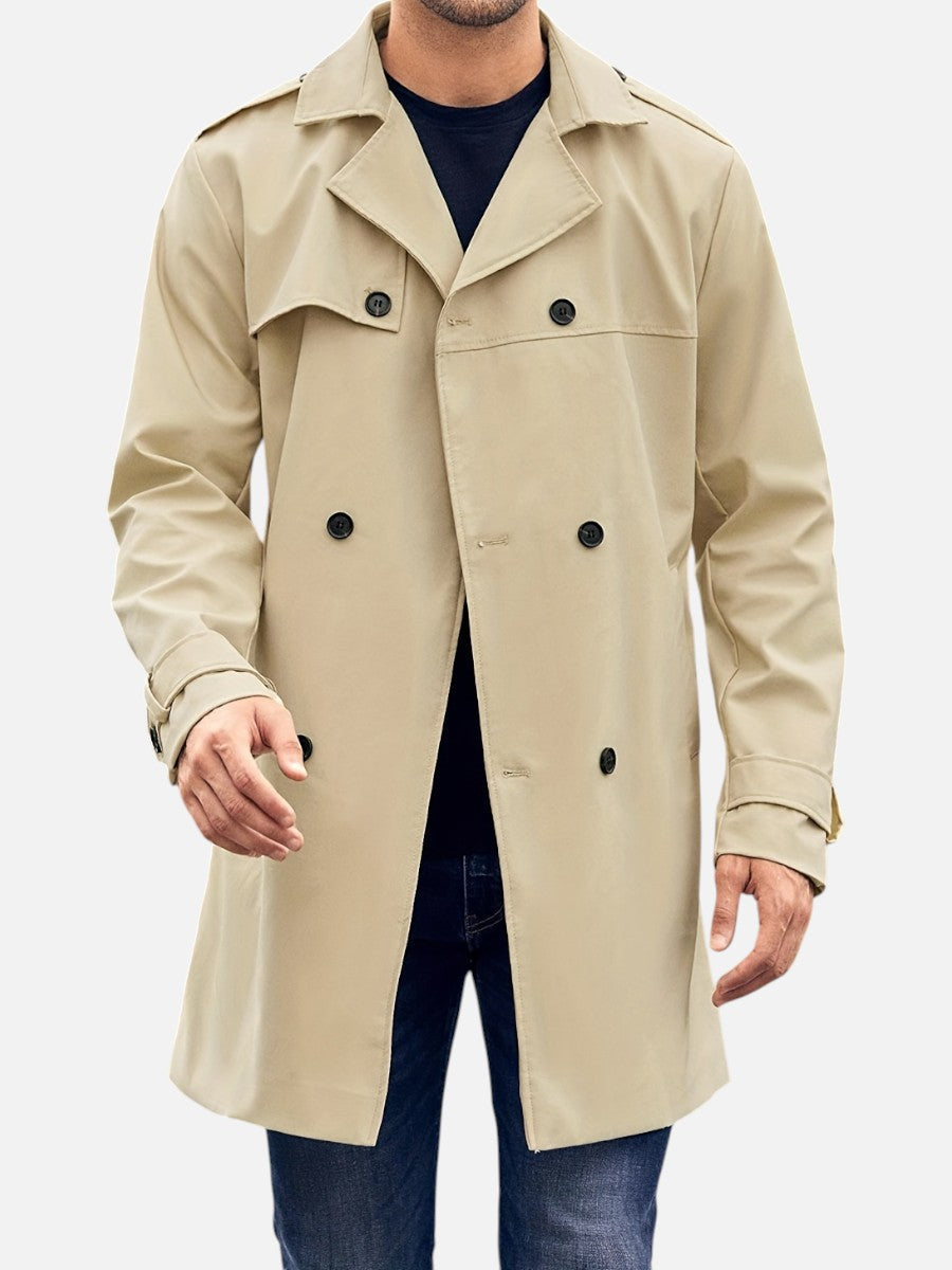 Men's Double-Breasted Trench Coat Long Sleeve Classic Fit Stylish Layering