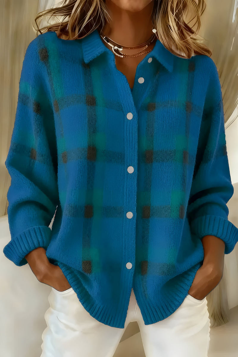 Women's Oversized Plaid Cardigan Long Sleeve Button Front Collared Knit Style