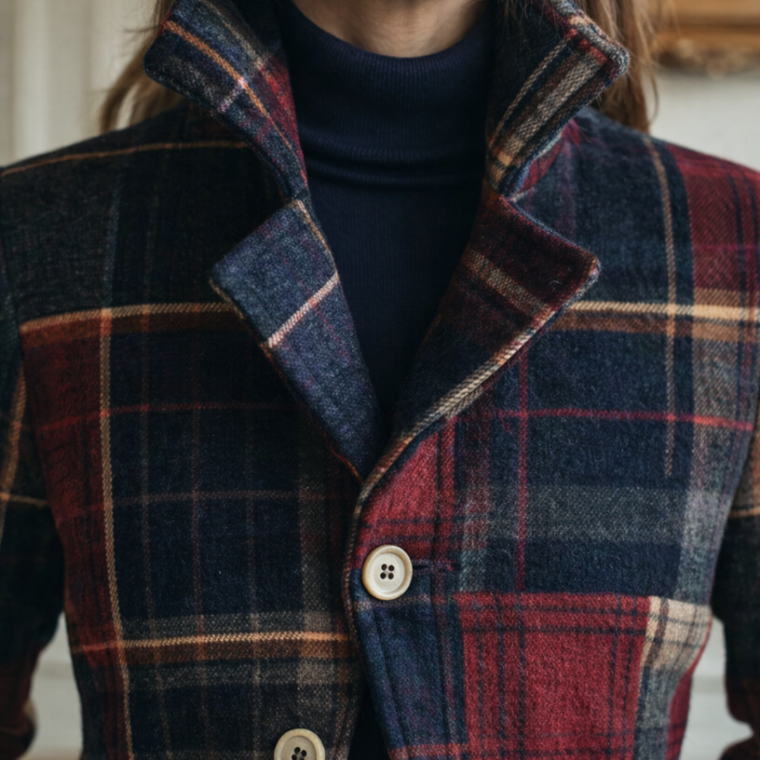 Women's Mid-Season Plaid Coat Stand Collar Button Closure Stylish Layering
