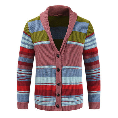 Men's Striped Button-Up Cardigan Long Sleeve Collared Front Closure Casual Wear