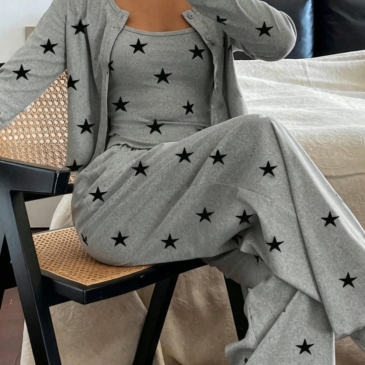 Women's Three Piece Pajama Set Long Sleeve Cardigan Round Neck Wide Leg Relaxed Style