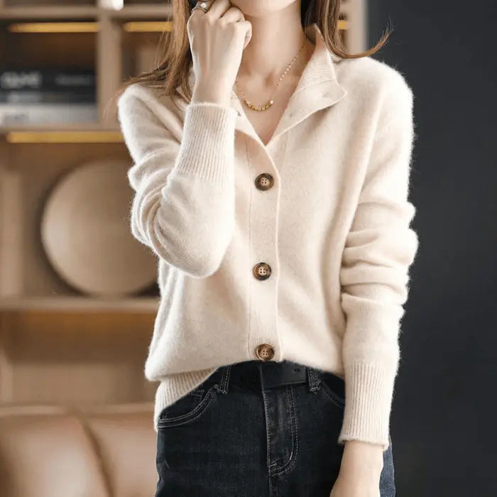 Women's Knit Cardigan Sweater Long Sleeve Stand Collar Button Front Relaxed Style