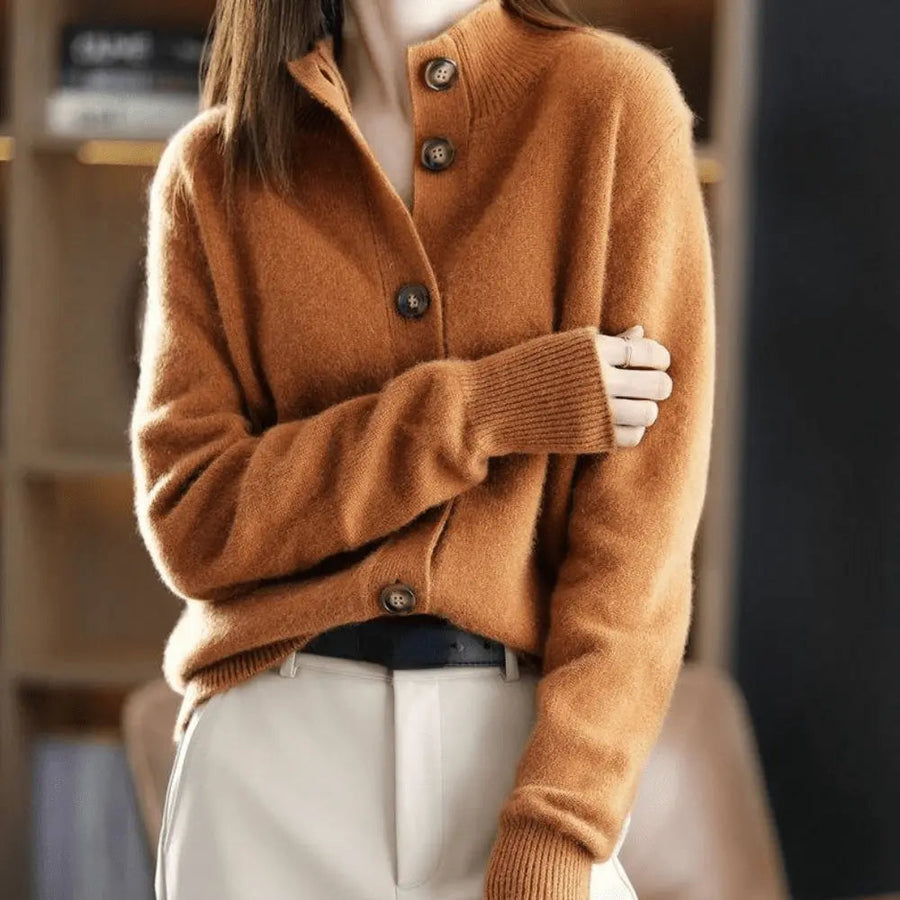 Women's Knit Cardigan Sweater Long Sleeve Stand Collar Button Front Relaxed Style
